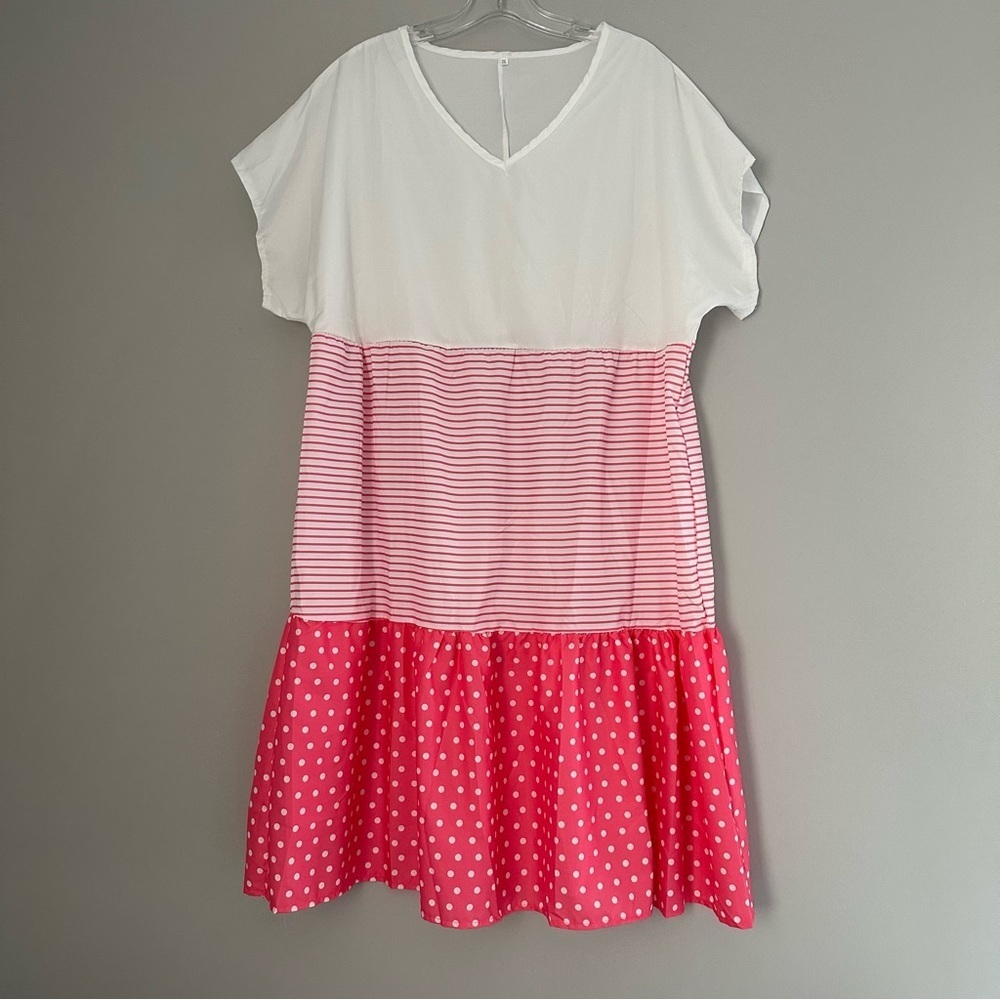Pink Polka Dot Striped Sheer Short Sleeve Dress